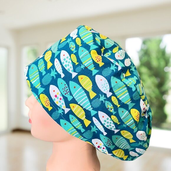 PREMIUM Fish and Pineapple~ Euro Style Scrub Cap, Unisex Nurse Cap, Vet,PA,CNA - Picture 1 of 3